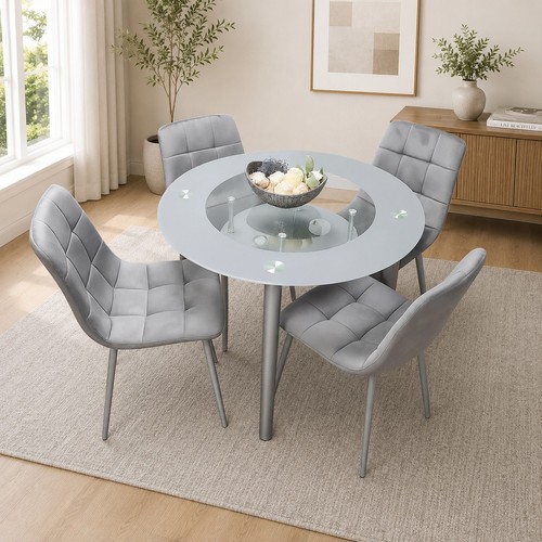 Grey round glass - dining, table