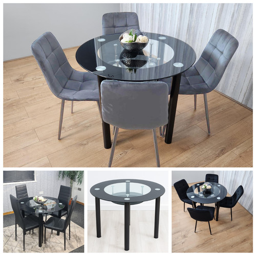 Black round glass dining - black, table